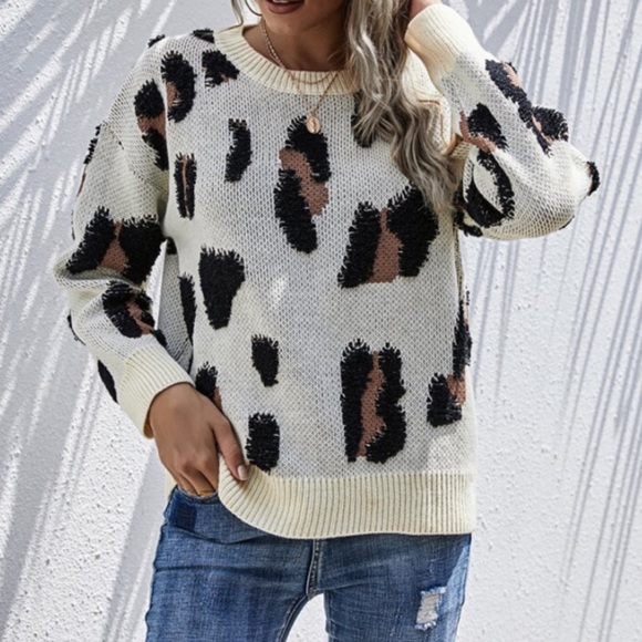 Leopard Ivory Drop Shoulder Crew Neck Sweater - Picture 6 of 7